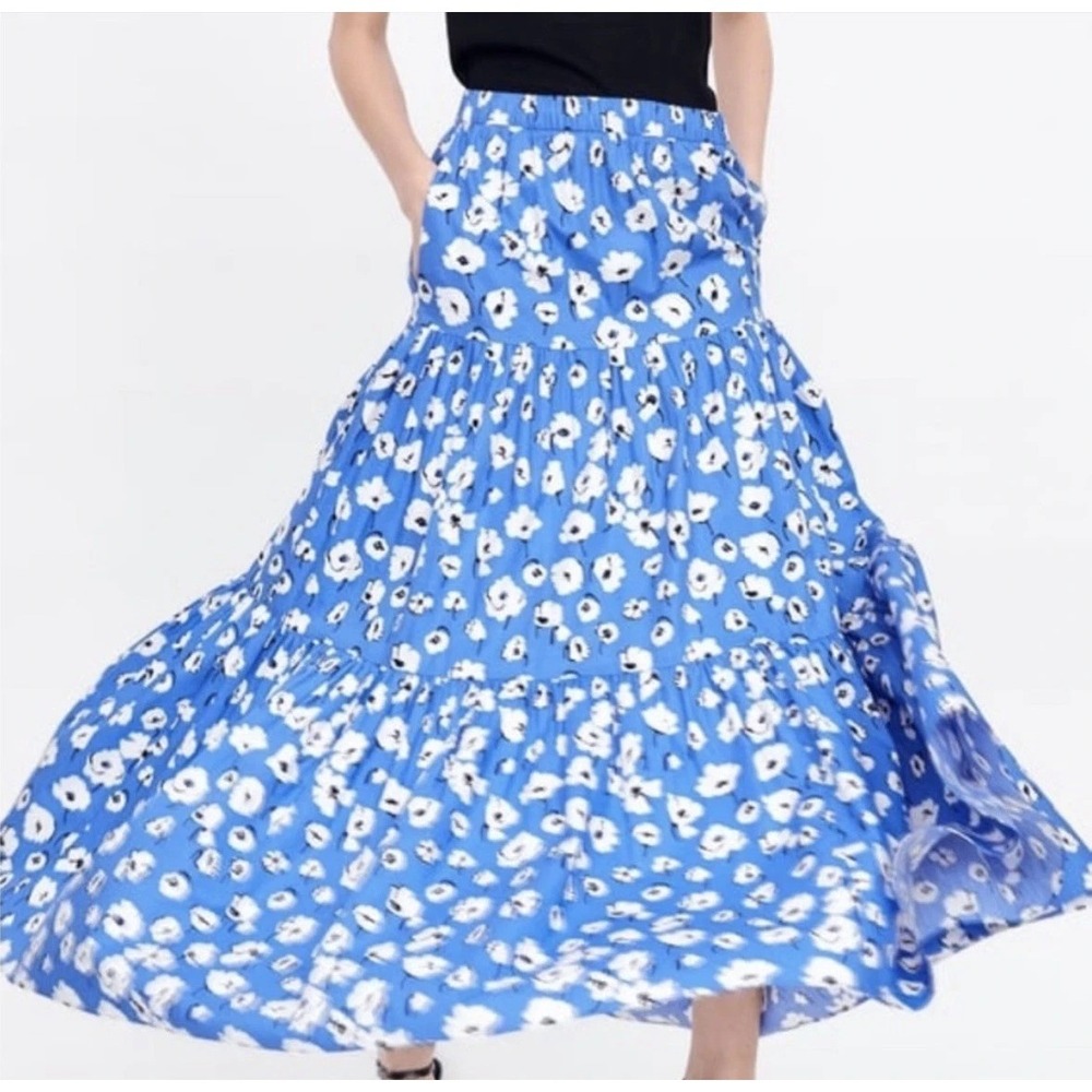 Zara Woman XS-S Blue Floral Print Tiered Pull-On Maxi Prairie Peasant Skirt